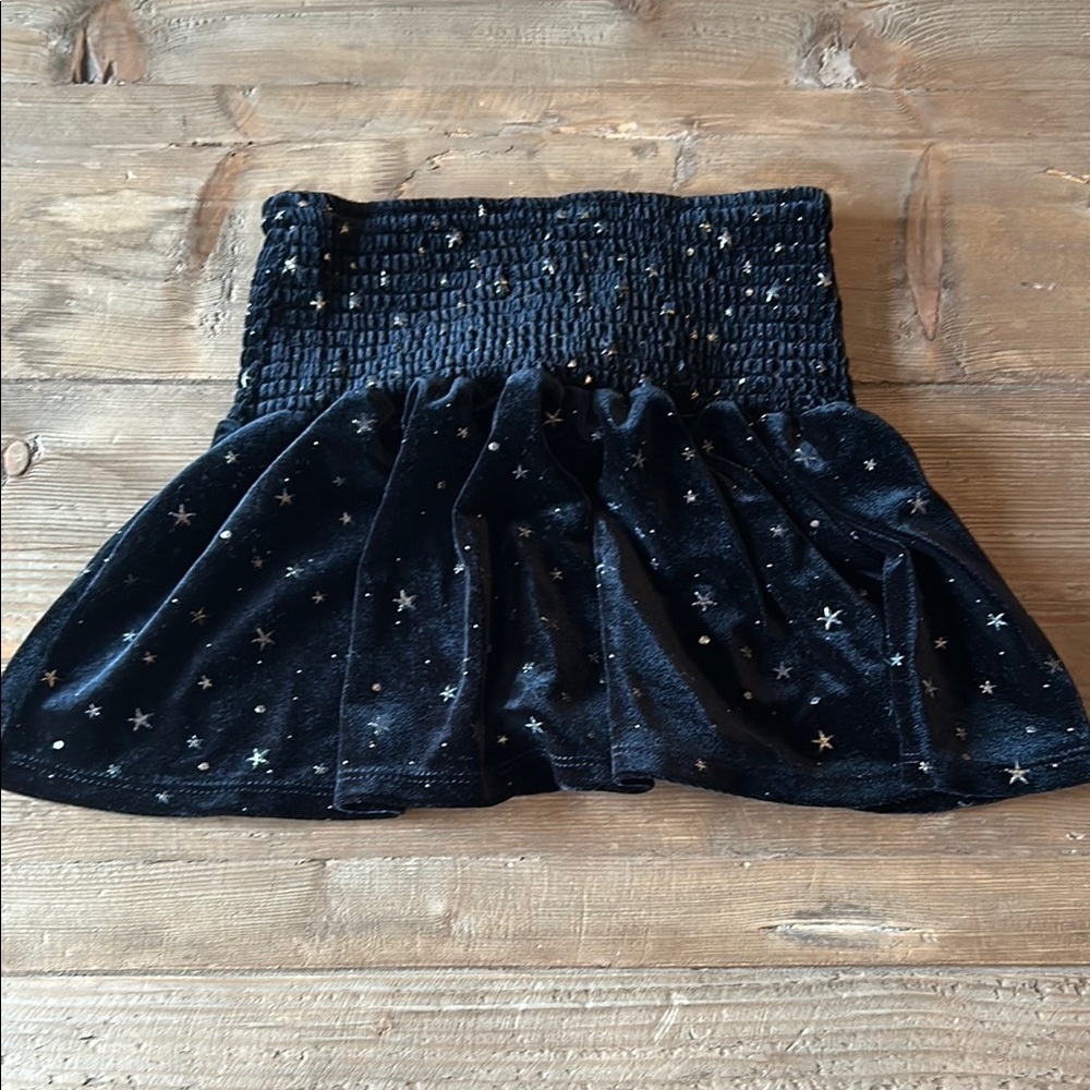 Black Smocked Mini Skirt with Star Pattern